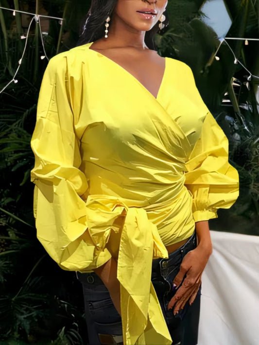 Chic Yellow Peplum Blouse with Waist Belt and Puff Sleeves - Perfect Summer Top for Women