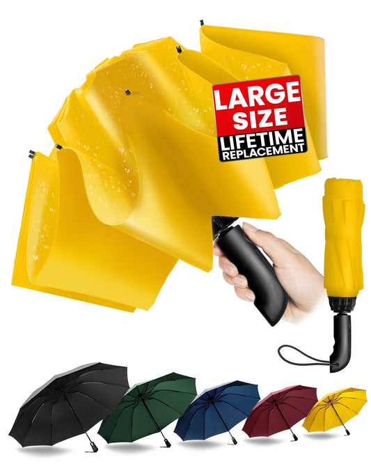 Windproof Automatic Folding Umbrella - Compact 47" Yellow Design with 10 Ribs